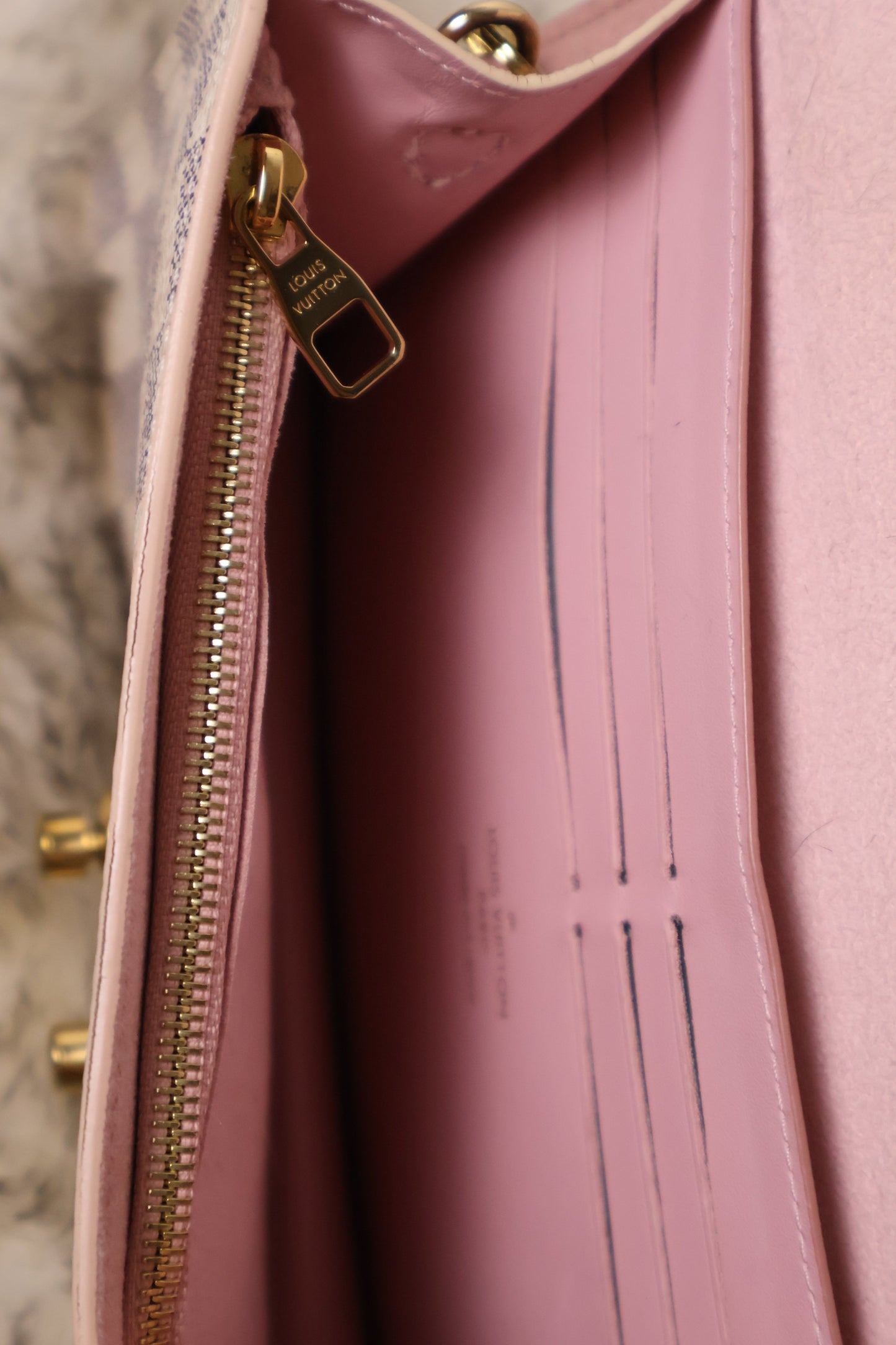 Louis Vuitton Croisette Chain Wallet Rose Ballerine Damier Azur Canvas