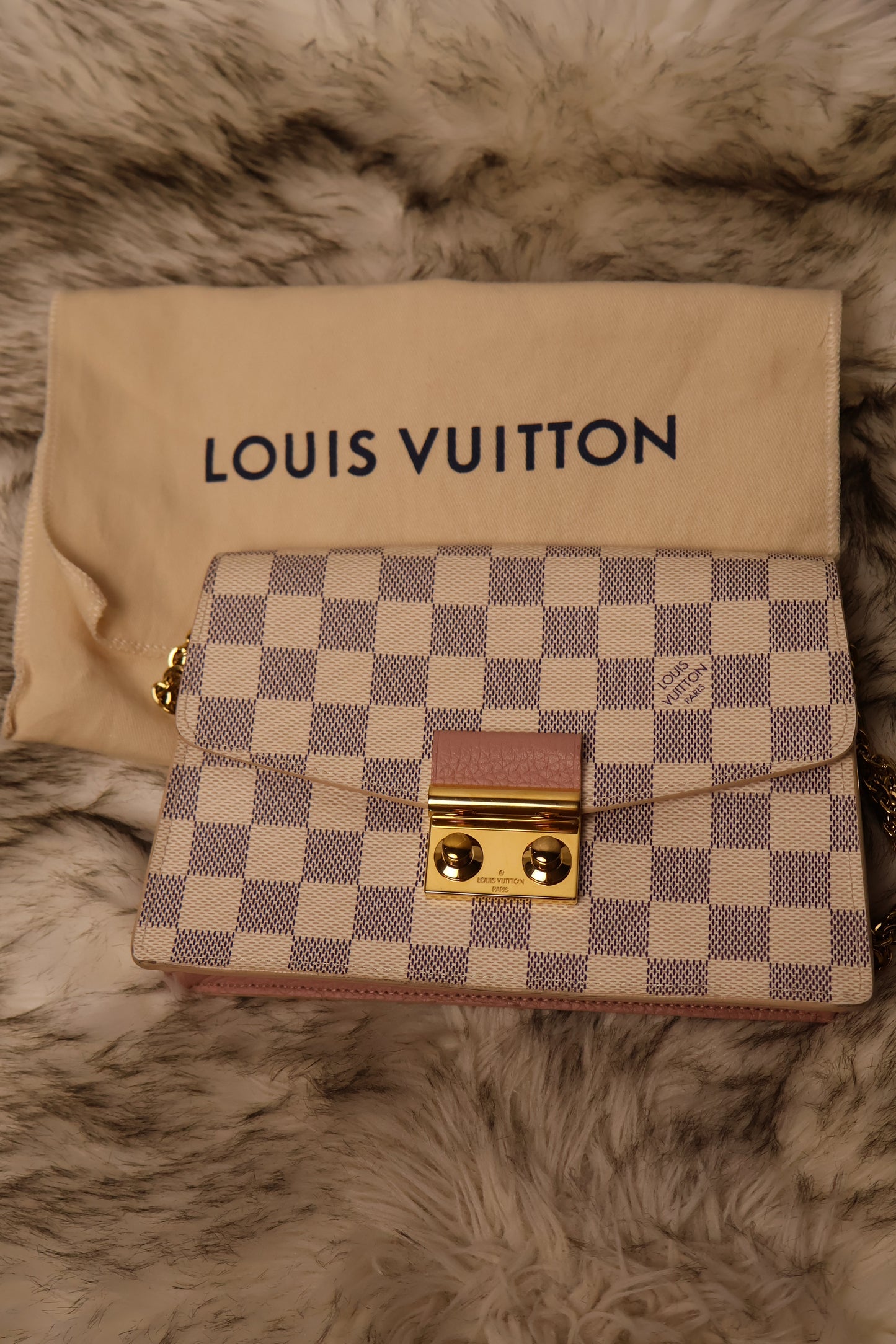 Louis Vuitton Croisette Chain Wallet Rose Ballerine Damier Azur Canvas