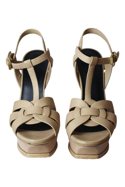 Saint Laurent Tribute Platform Sandals in Dark Beige