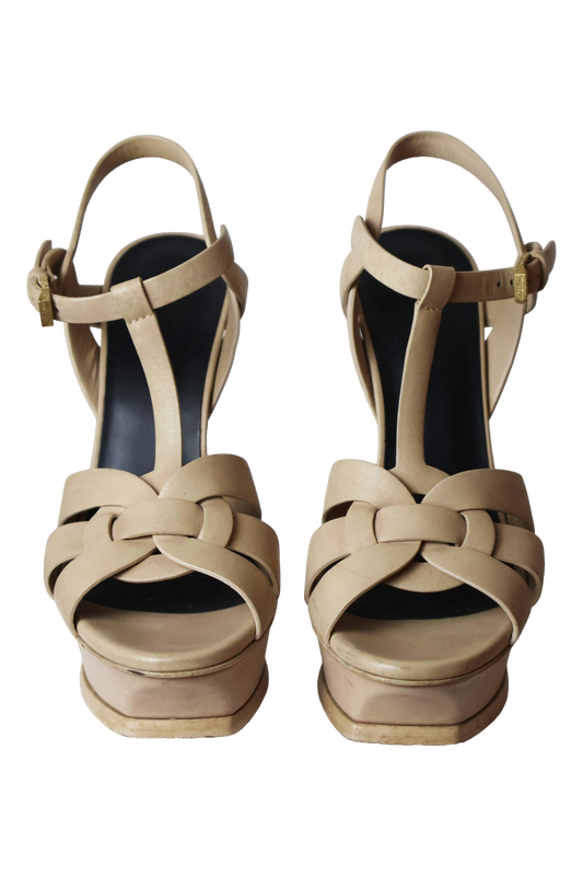 Saint Laurent Tribute Platform Sandals in Dark Beige